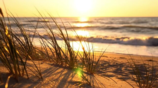  Slow motion of sunlight glinting through moving beach grass, sand grains catching light, waves softly breaking in background, golden hour cinematic tranquility