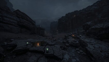Obraz premium Scene of Rocky Terrain With Distant Structures and Dim Lighting at Night