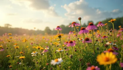 Fototapete Honigfarbe Wild meadow with pink and yellow coneflowers bloom under soft morning sun. Green grass and blue sky with clouds create natural scene. Peaceful countryside landscape with vibrant floral.  © miss irine