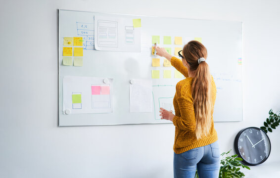 Rear view of woman web designer brainstorming at whiteboard