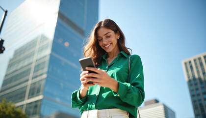 Fototapeta premium Young woman smiles looking at phone outdoors near modern glass buildings. She wears a green shirt. Business woman uses smartphone in city. Clear blue sky.
