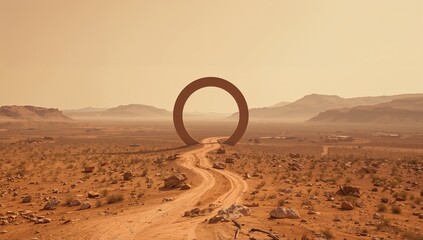 Obraz premium Desert Path Leads to a Large Stone Structure Under an Orange Sky in the Middle of a Barren Landscape