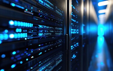Naklejka premium Modern IT data center server racks with blue indicator lights and depth perspective, idea for cloud infrastructure security enterprise technology visuals