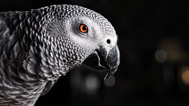 African Grey Parrot Perched on Rope with Red Tail Feathers.