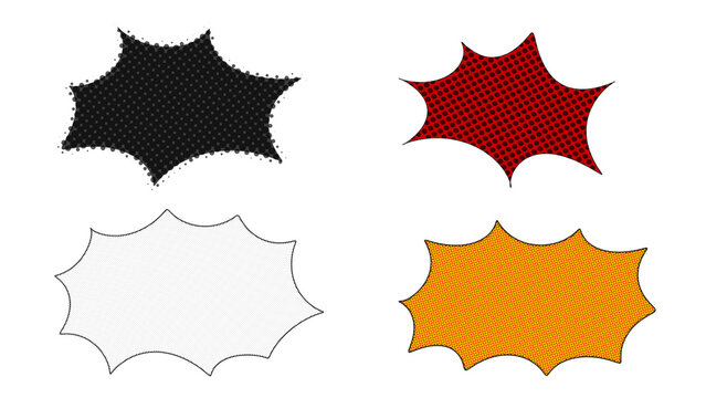 Set of retro hand drawn halftone starburst speech bubbles on transparent background. Vintage dot texture. For pop art layouts, action-oriented social media graphics, creative marketing ads. PNG