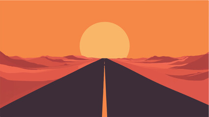 Naklejka premium Road passing through a desert. Road landscape. Sunset view. Desert landscape. Illustration of desert sunset road.