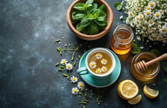 Brewed chamomile tea in cup with fresh herbs honey, lemon slices arranged on dark stone surface. Healing drink ready for consumption with natural ingredients, floral decoration. Aromatic beverage