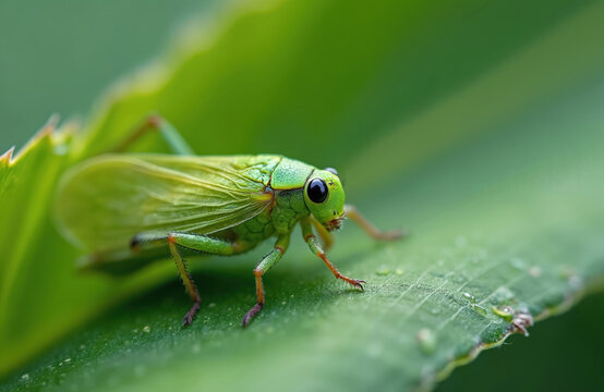 Tiny green leafhopper insect crawls on wet corn leaf macro. Small bug in garden eats plant stem, causes crop damage. Nature wildlife detail, macro shot.