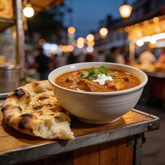 Butter chicken curry in a bowl with naan bread, outdoor evening street food stall, warm bokeh lights, shallow depth of field, ultra realistic
