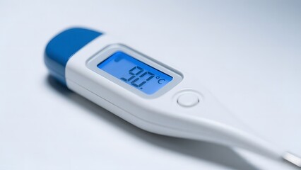 Digital thermometer showing a temperature of 90 degrees Fahrenheit on a white background with a blue accent on the top