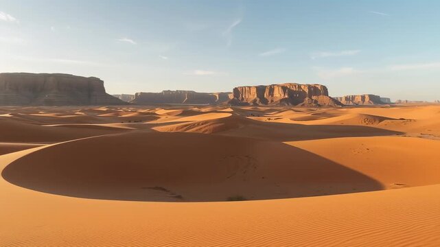 Tracking camera moving forward framing crescent dune in desert, showing rippled sand and mesas