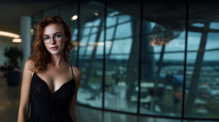 Fototapeta premium elegant redhaired woman in modern office light, cinematic portrait of confident woman with glasses, romantic professional woman by glass windows