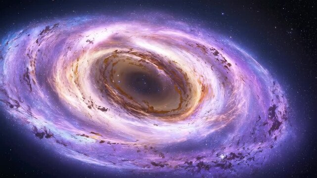 Camera zooming to tilted spiral galaxy, showing rings dust lanes core while spinning in deep space