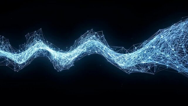Pulsing blue mesh waveform responding to data pulse, oscillating right in digital void with nodes