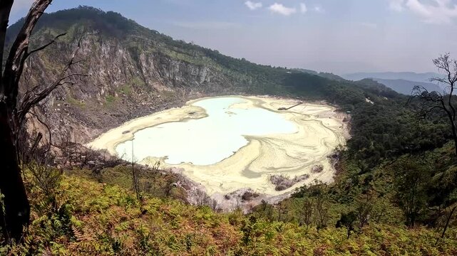 Scenic View of Kawah Putih Volcanic Crater Lake in Ciwidey West Java, Indonesia on a Sunny Day with Blue Sky and No People