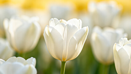 Fototapeta premium White tulips in soft sunlight, pure and fresh, pale yellow-white tones, suited for spring branding, baby products, or wedding decor.