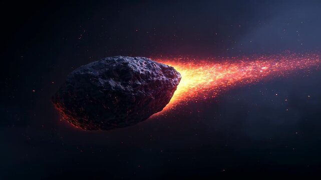 Interacting with thin gas, large meteoroid moving left across space, emitting plasma and embers