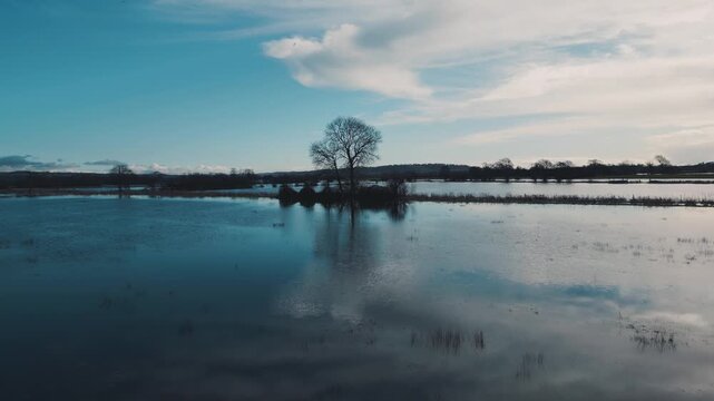 Aerial view of flooded fields after heavy rainfall