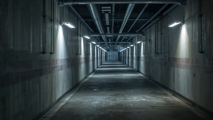 Fototapeta premium Long Corridor With Lights and Shadows in an Industrial Building