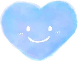 水彩風の可愛いハートのキャラクターイラスト　青色