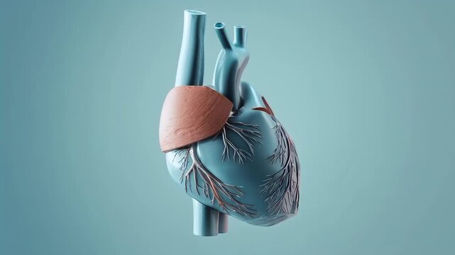 Playback starting 3D heart model rotating in studio teal gradient, revealing left coronary branches