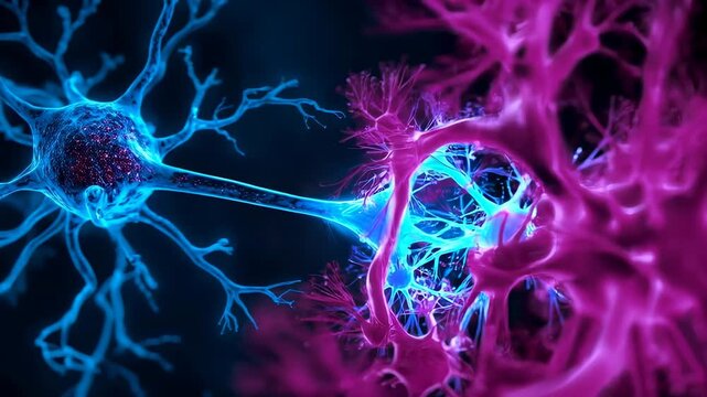 Approaching magenta processes, blue neuron axon contacting and forming synapse in stylized tissue