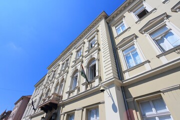 Naklejka premium Szeged town in Hungary. Town in Csongrad county. Local government - city hall institutions in historic Berpalota building.