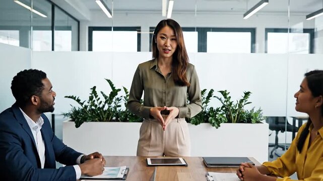 Leading the Discussion: An elegant and professional woman confidently leads a business meeting, commanding attention as she articulates her vision in a modern, collaborative workspace.