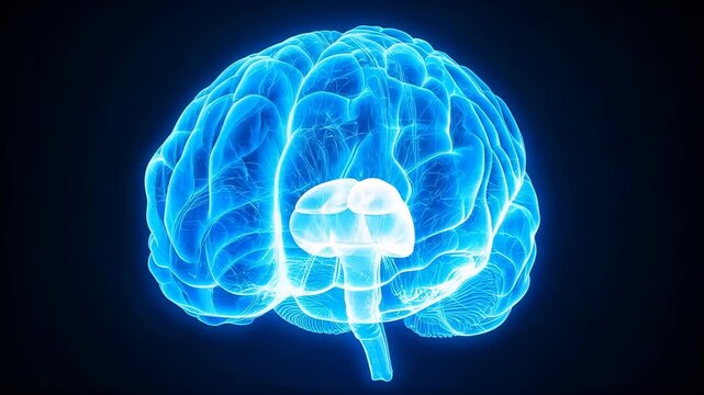 Rotating on playback, blue brain tilting and revealing glowing core in dark hologram void for study