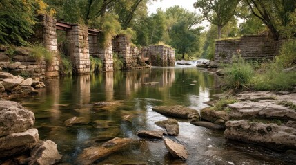 Fototapeta premium Old stone dam on a rural river