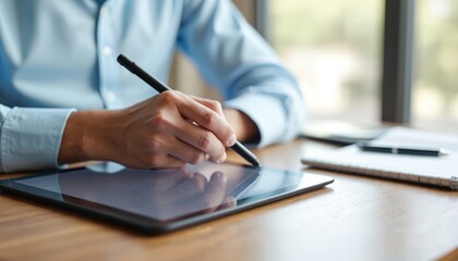 Man hand uses stylus on tablet screen. Person works on digital device at wooden desk. Businessman plans project using electronic gadget. Writes notes, documents.
