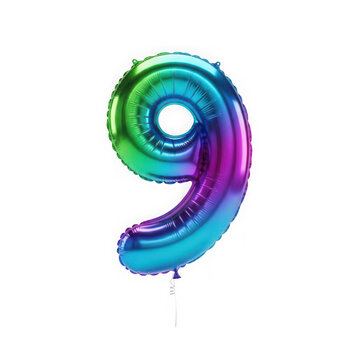 A vibrant and colorful balloon in the shape of the number nine isolated on transparent background