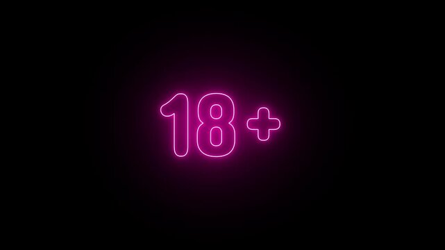 Bright Pink Neon 18 Plus Sign Flickering on a Dark Background