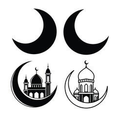 Obraz premium Crescent moon and star icon. Islamic religious symbol for Ramadan, Eid al-Fitr, or Middle Eastern culture. Black silhouette isolated on white background