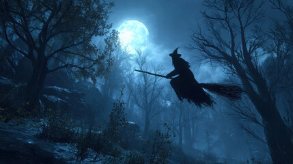 Mystical Silhouette of a Wicked Witch Flying on a Broomstick Across the Bright Full Moon in a Spooky Night Forest with Twisted Bare Trees and Eerie Blue Moonlight for Halloween Horror Background