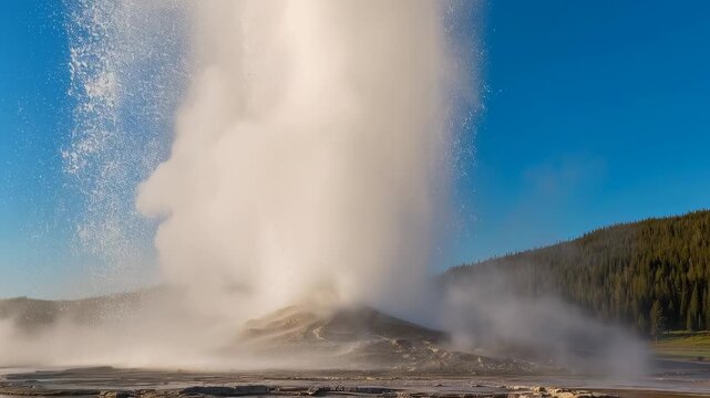 Spouting geyser vent as pressure building beneath sinter, sending steam plume over runoff and path