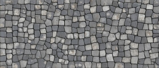 Tileable seamless texture of gray cobblestone wall or road, grungy natural rock pattern for construction backdrop, 3D rendering