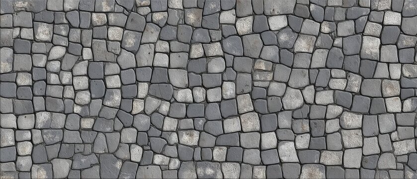 Tileable seamless texture of gray cobblestone wall or road, grungy natural rock pattern for construction backdrop, 3D rendering