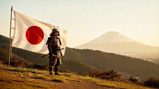 Standing samurai in armor holding katana on grassy ridge, breeze making flag billow for Mount Fuji