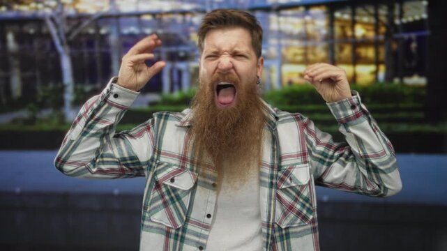 Bearded man gestures emphatically with raised hands on busy street beside building facade; frustration.