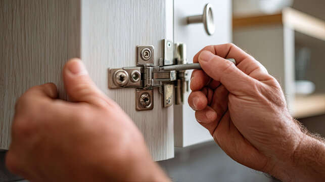 Hands adjusting a kitchen cabinet hinge with a screwdriver