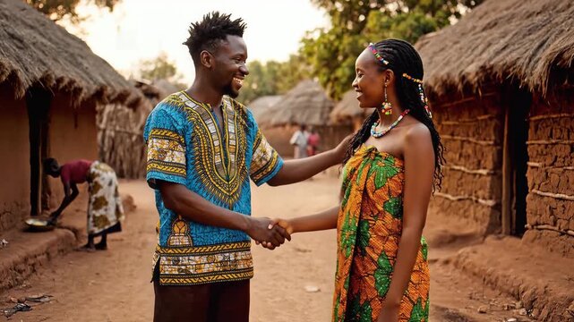 African Couple Handshake in Rural Village Traditional Clothing