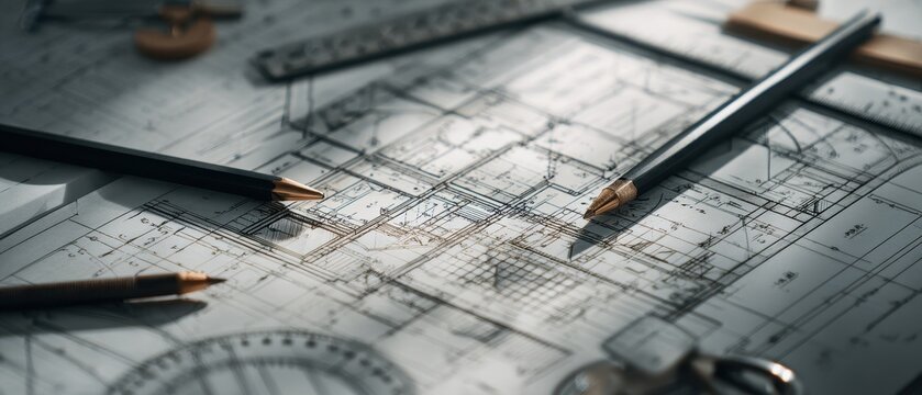 Intricate Architectural Blueprints with Pencils  Drafting Tools, Engineering Design  Planning.