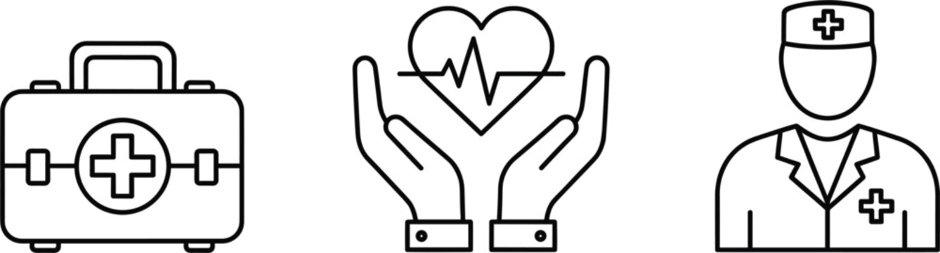 Healthcare and first aid linear icon set featuring a medical emergency kit bag hands holding a heart with pulse and male nurse.