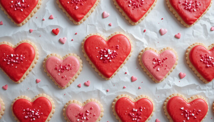 Fototapeta premium Heart shaped sugar cookies with red and pink icing pattern