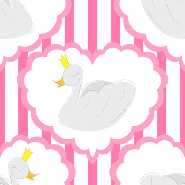 Romantic seamless pattern with swan in crown
