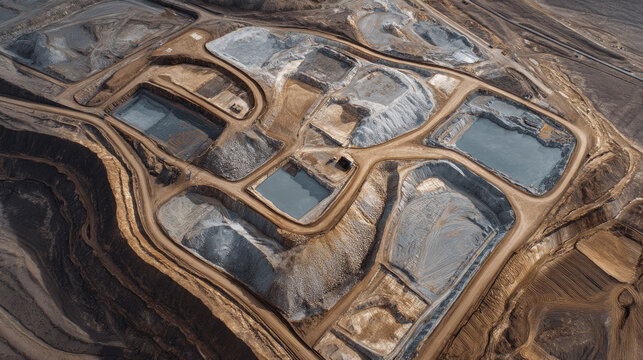 Aerial view of rare earth extraction heap leach pads and industrial ponds