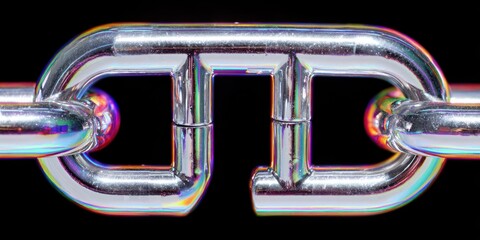 Close-up of Silver Metal Chain Link with Rainbow Reflection on Black Background