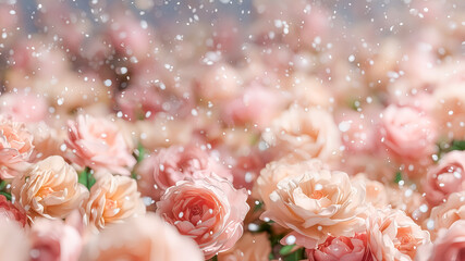 Fototapeta premium 柔らかい光に包まれたピンクとピーチ色のバラの花園に舞い落ちる白い雪のような粒子の幻想的な風景の3Dレンダリング