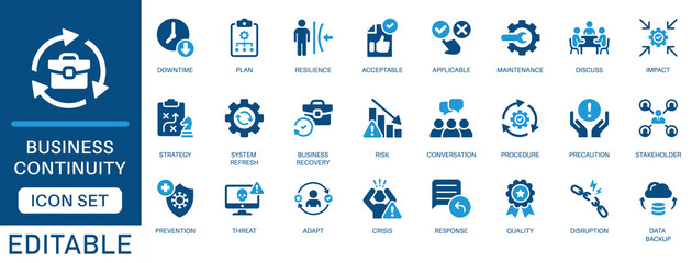 Naklejka na ściany i meble Business continuity icon set. featuring risk management, crisis response, disaster recovery, resilience, prevention, data backup, maintenance, operational planning and more icons.